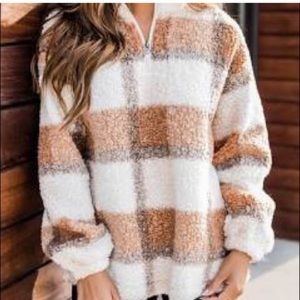 Pink Lily plaid sherpa quarter zip